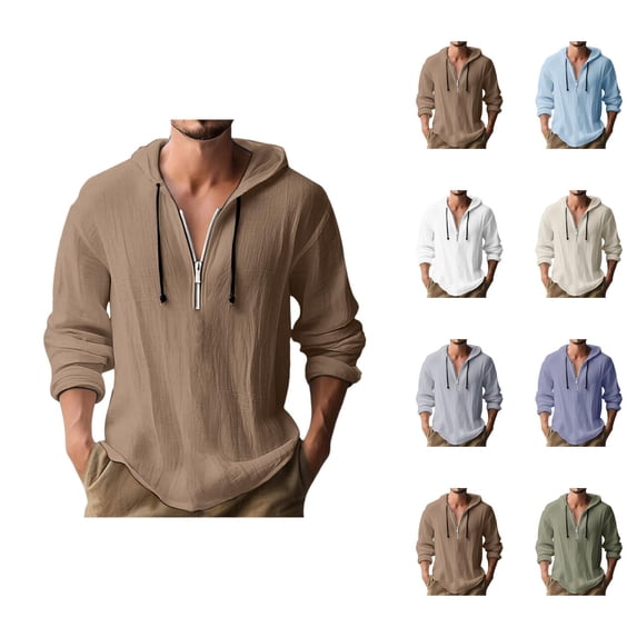 Half Zip Pullover Men 2026 Spring Fall Long Sleeve Lightweight Cotton Linen Hooded Shirt Mens Hoodie
