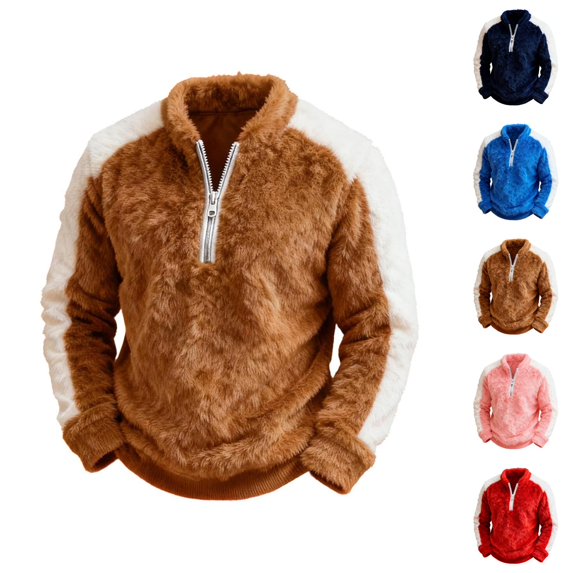 Half Zip Pullover Men Fall Winter Long Sleeve Loose Casual Color Block Fuzzy Pullover Sweatshirts