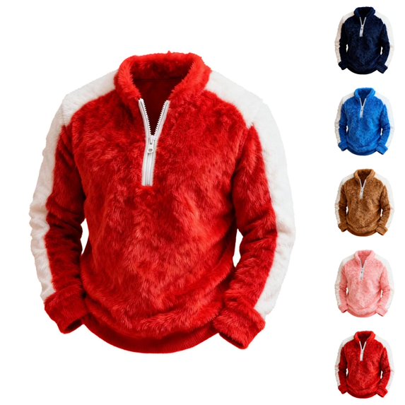 Half Zip Pullover Men Fall Winter Long Sleeve Loose Casual Color Block Fuzzy Pullover Sweatshirts