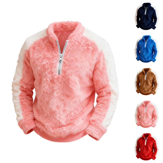 Half Zip Pullover Men Fall Winter Long Sleeve Loose Casual Color Block Fuzzy Pullover Sweatshirts