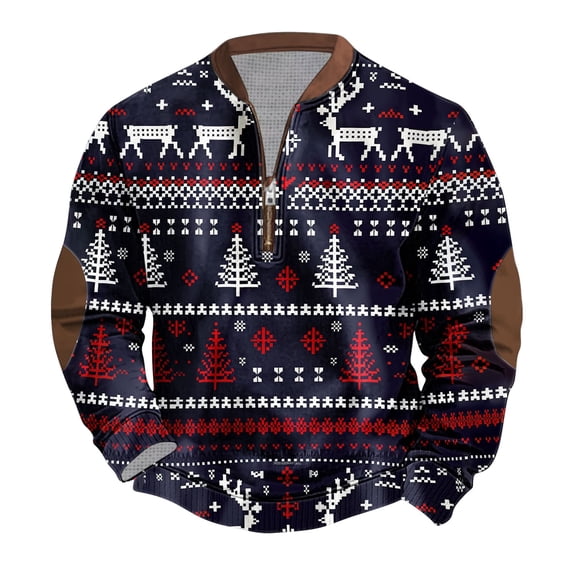 Half Zip Pullover Mens Christmas Clothes Snowflakes Reindeer Printed Long Sleeve Graphic Sweatshirt Tops (3XL, Navy)