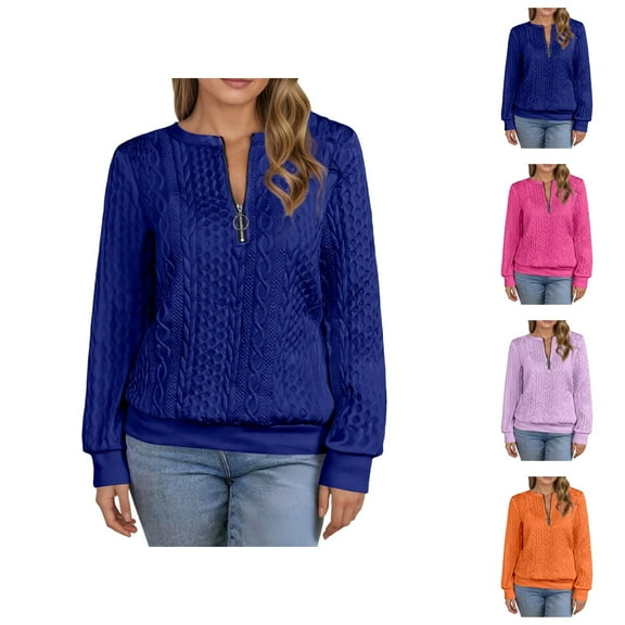 Half Zip Pullover Women 2025 Fall Winter Long Sleeve Crewneck Cable Knit Plain Sweatshirt Pullover Tops