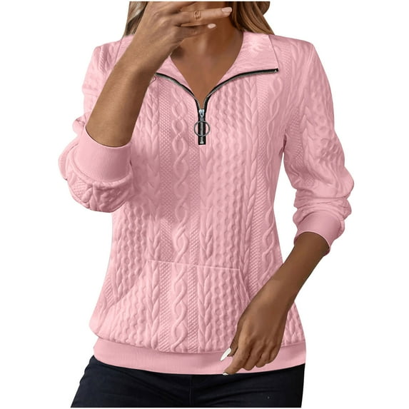 Half Zip Pullover Women Cozy Textured Knit Zipper V-Neck Long Sleeve Sweatshirts with Pockets
