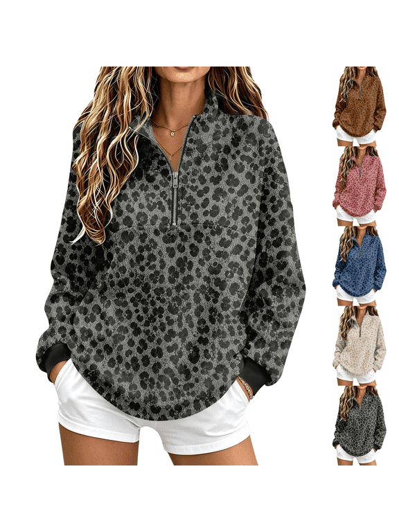 Half Zip Pullover Women Lightweight Quarter Zip Leopard Print Sweatshirt Womens Sweatshirts No Hood Zip Up Mock Neck Oversized Leopard Print Hoodie Fleece Long Sleeve Fall Fashion Winter Clothes