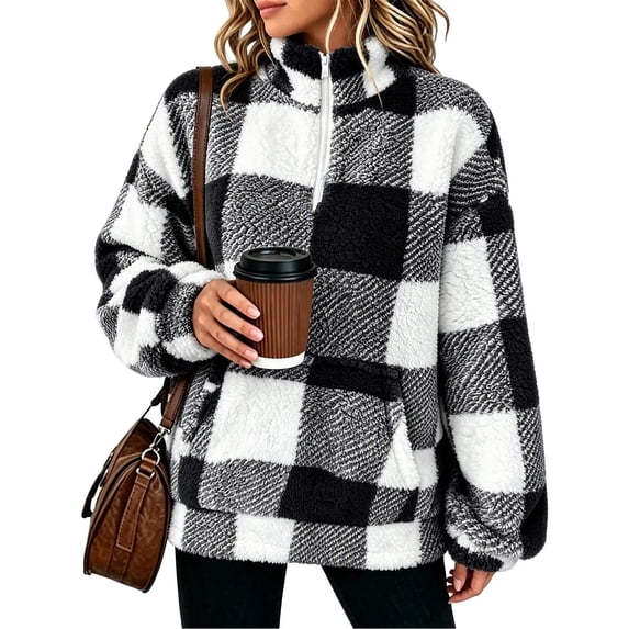 Half Zip Pullover Women Plaid Stand Collar Fleece Jackets Pocket Warm Winter Trendy Oversized Sweatshirts Black S