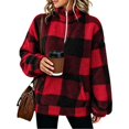 thumbnail image 1 of Half Zip Pullover Women Plaid Stand Collar Fleece Jackets Pocket Warm Winter Trendy Oversized Sweatshirts Wine XL, 1 of 5