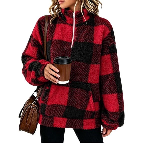 Half Zip Pullover Women Plaid Stand Collar Fleece Jackets Pocket Warm Winter Trendy Oversized Sweatshirts Wine XL