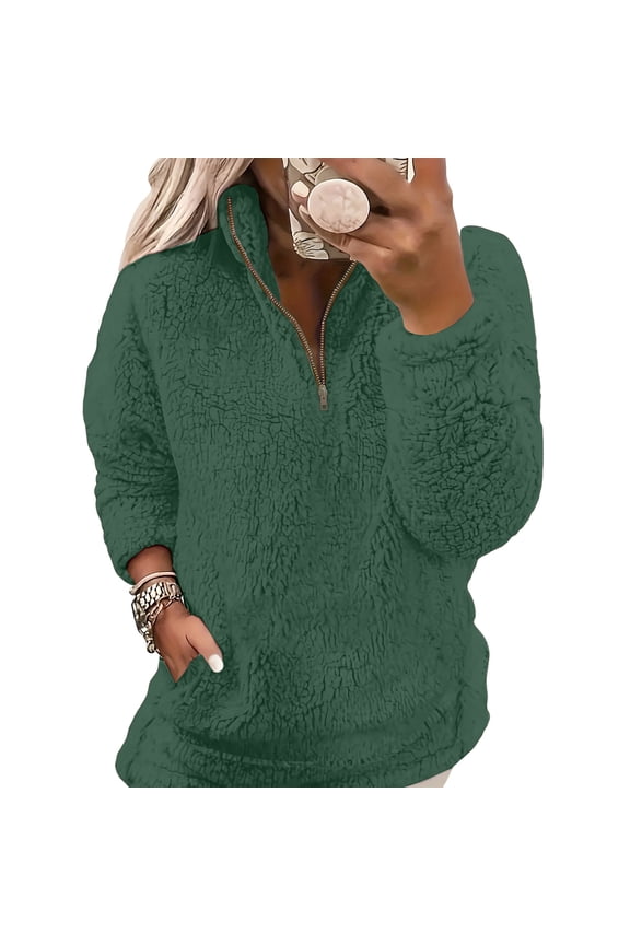 Half Zip Pullover Women Sherpa Fleece Oversized Sweatshirt Warm Fuzzy Sweater Trendy Long Sleeve Tops Outerwear Dark Green XL