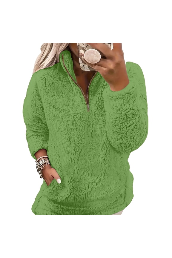 Half Zip Pullover Women Sherpa Fleece Oversized Sweatshirt Warm Fuzzy Sweater Trendy Long Sleeve Tops Outerwear Green L