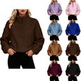 thumbnail image 1 of Half Zip Pullover Women Zaewscy Ladies' Casual And Fashionable Round Neck Long Sleeved Solid Color Zipper Top Brown XXL, 1 of 6