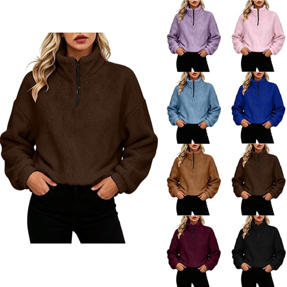 Half Zip Pullover Women Zaewscy Ladies' Casual And Fashionable Round Neck Long Sleeved Solid Color Zipper Top Brown XXL