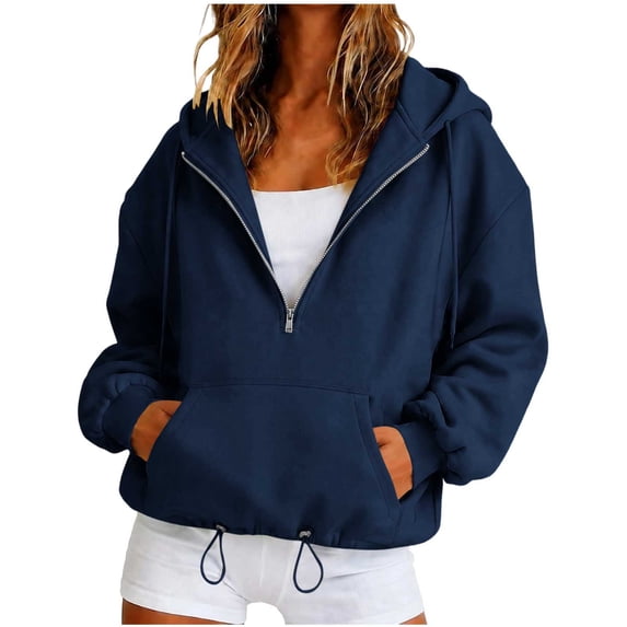 Half Zip Pullover Women with Hood Fall Fleece Oversized Hoodie Casual Lightweight Long Sleeve Cute Sweatshirts, Navy, S