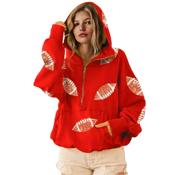 Half Zip Pullover for Women Oversized Hoodies Sequins Football Hooded Sweatshirts with Pocket Long Sleeve Fall Tops (S, Red)