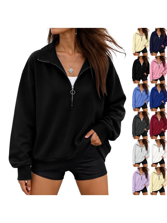 Half Zip Sweatshirt Women Cute Long Sleeve Fitted Mockneck Sweatshirt Turtleneck Essentials Sweat Shirts for Womens Ribbed Fitted Apparel for 1/4 Zip Pullover Tops Black 2XL