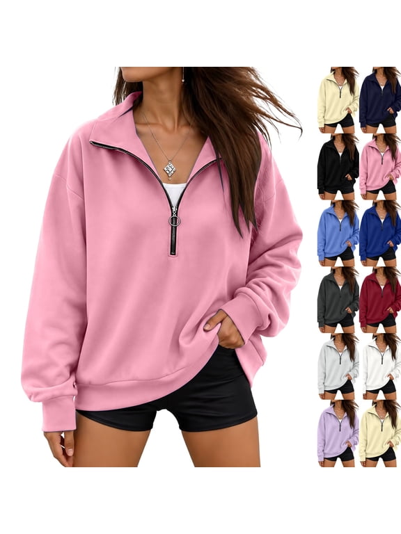 Half Zip Sweatshirt Women Cute Long Sleeve Fitted Mockneck Sweatshirt Turtleneck Essentials Sweat Shirts for Womens Ribbed Fitted Apparel for 1/4 Zip Pullover Tops Pink S