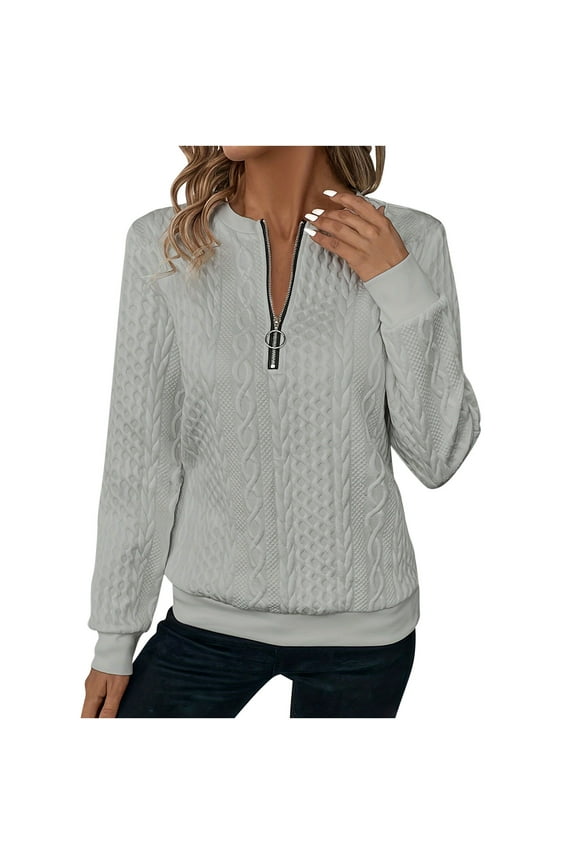 Half Zip Sweatshirt Women, s Plain 1/4 Zip Textured Long Sleeve Tops Pullover V Neck s Autumn Loose Fit Shirts Elegan Blouse Solid Color Trendy Sweaters