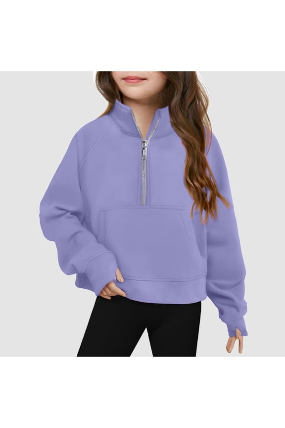 Half Zip Sweatshirt for Teen Girls Cute Crop Pullover Fall Fashion with Thumb Hole 5-16 Years Light Purple 140