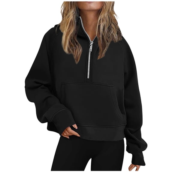 Half Zip Sweatshirt for Women Fleece Thumb Hole Pullover Tops Solid Color Warm Soft Outdoor Sweatshirts with Pockets Black S