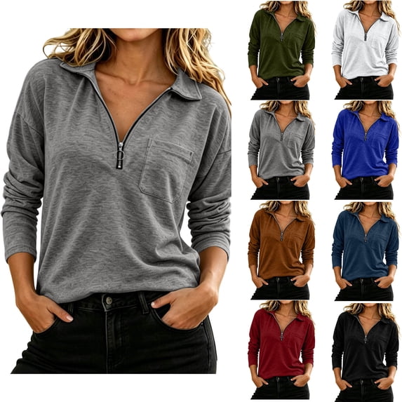 Half-Zip Sweatshirt for Women Zaewscy Women Lapel Collar Solid Color Zipper Pocket Top Pullover Coat Sweatshirt Gray M