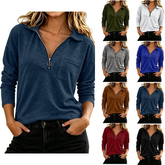 Half-Zip Sweatshirt for Women Zaewscy Women Lapel Collar Solid Color Zipper Pocket Top Pullover Coat Sweatshirt Navy M