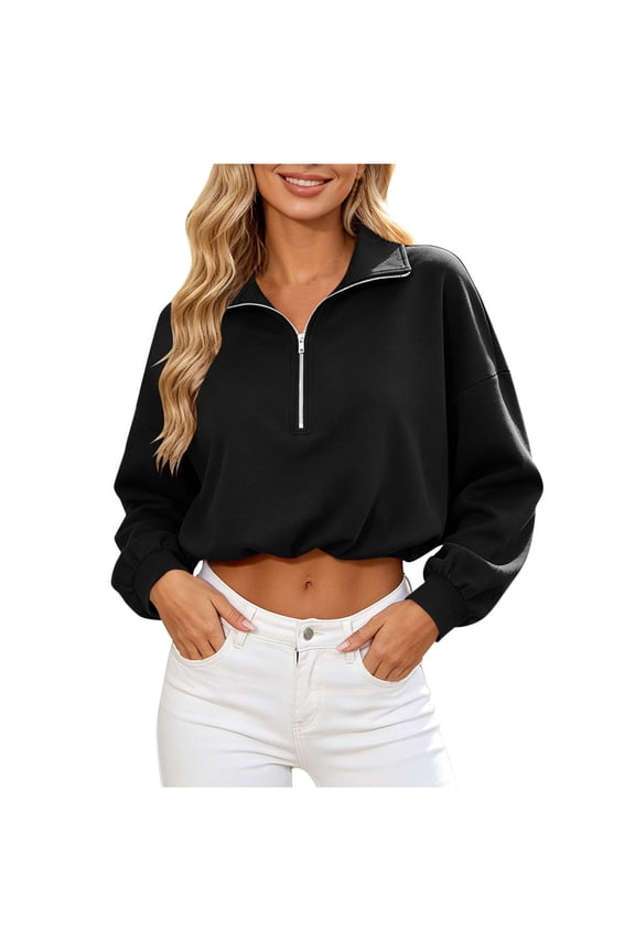 Half Zip Sweatshirts For Women Lapel Long Sleeve Drawstring Hem Tops Fashion Casual Loose Cropped Pullover (2XL, Black)