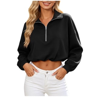 Half Zip Sweatshirts For Women Lapel Long Sleeve Drawstring Hem Tops Fashion Casual Loose Cropped Pullover (2XL, Black)