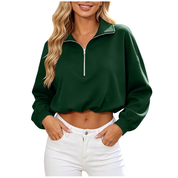 Half Zip Sweatshirts For Women Lapel Long Sleeve Drawstring Hem Tops Fashion Casual Loose Cropped Pullover (S, Green)
