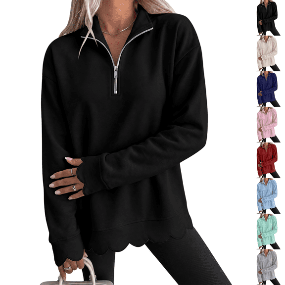 Half Zip Sweatshirts Womens Scalloped Tunic Oversized Workout Hoodies Pullover Tops Stand Collar Long Sleeve Soft Fall Fashion Athleisure Trendy