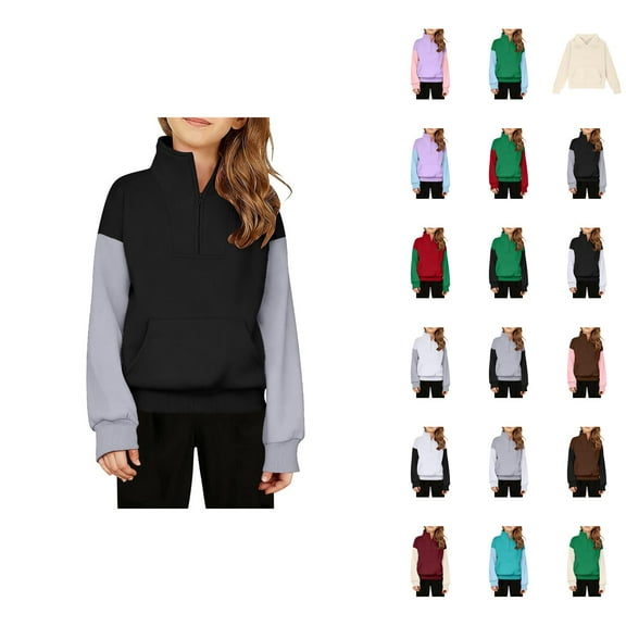 Half Zip Sweatshirts for Girls Boys Long Sleeve Stand Collared Thumb Hole Plain Sweatshirt with Pockets Pullover Tops