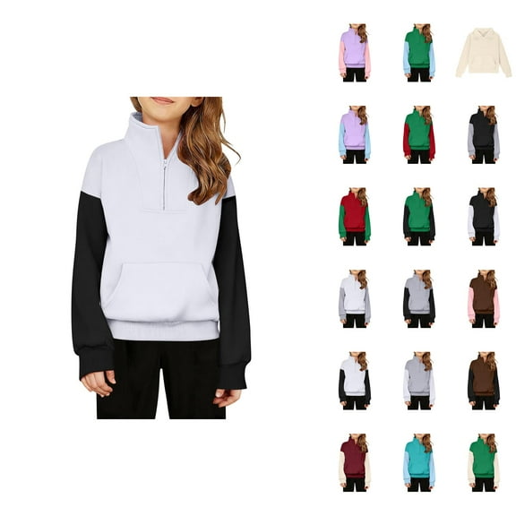 Half Zip Sweatshirts for Girls Boys Long Sleeve Stand Collared Thumb Hole Plain Sweatshirt with Pockets Pullover Tops