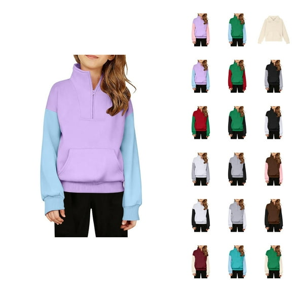 Half Zip Sweatshirts for Girls Boys Long Sleeve Stand Collared Thumb Hole Plain Sweatshirt with Pockets Pullover Tops