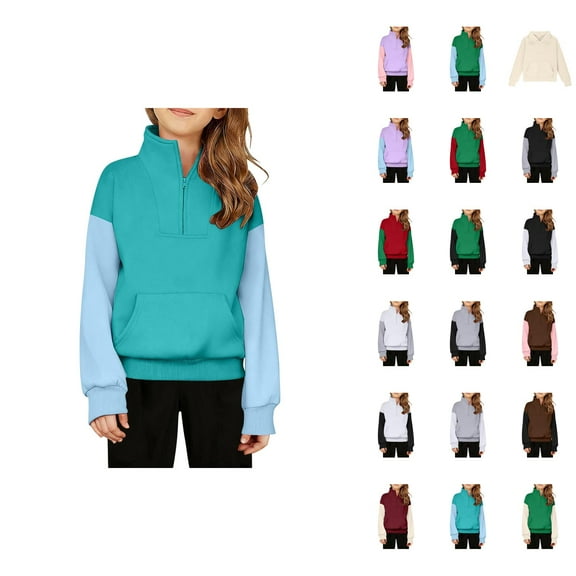 Half Zip Sweatshirts for Girls Boys Long Sleeve Stand Collared Thumb Hole Plain Sweatshirt with Pockets Pullover Tops
