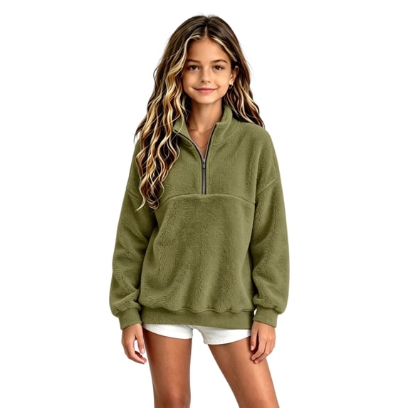 Half Zip Sweatshirts for Girls Kids Fuzzy Sherpa Long Sleeve Kids Pullover Cute Casual Fleece Girls Sweatshirts