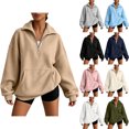 thumbnail image 1 of Half Zip Sweatshirts for Women Casual Trendy Solid-Color Button-Down Zipper Front Pocket Long-Sleeved Sports Hoodie, 1 of 9