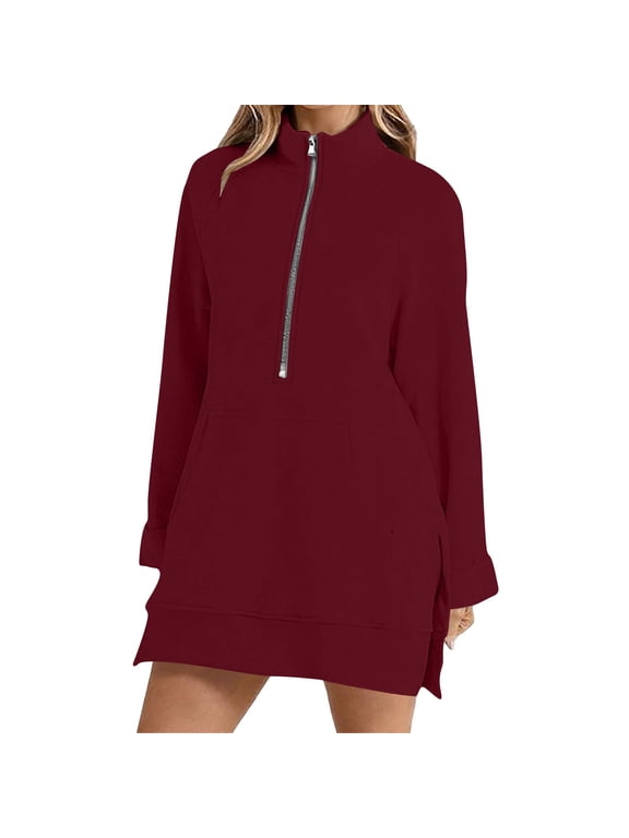 Half Zip Sweatshirts for Women Long Sleeve Casual Solid Color Mid-length Fall Pullover Tops