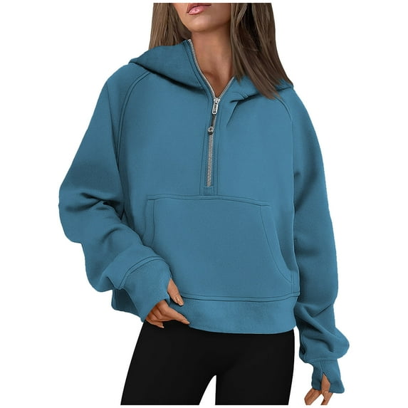 Half Zip Sweatshirts for Women V Neck Long Sleeve Fleece Hoodies Solid Color Pullover Fall 2025 Winter Blouse Tops,Blue,M
