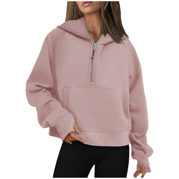 Half Zip Sweatshirts for Women V Neck Long Sleeve Fleece Hoodies Solid Color Pullover Fall 2025 Winter Blouse Tops,Pink,L