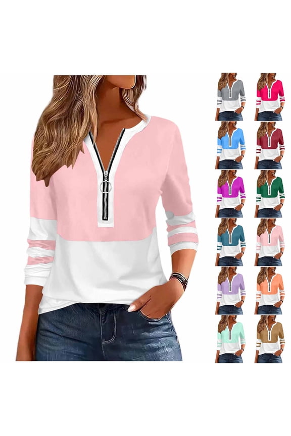 Half Zip Women Long Sleeve Shirts Crew Neck Colorblock Casual Tops Fall out Going Trip Blouses Purples 3XL