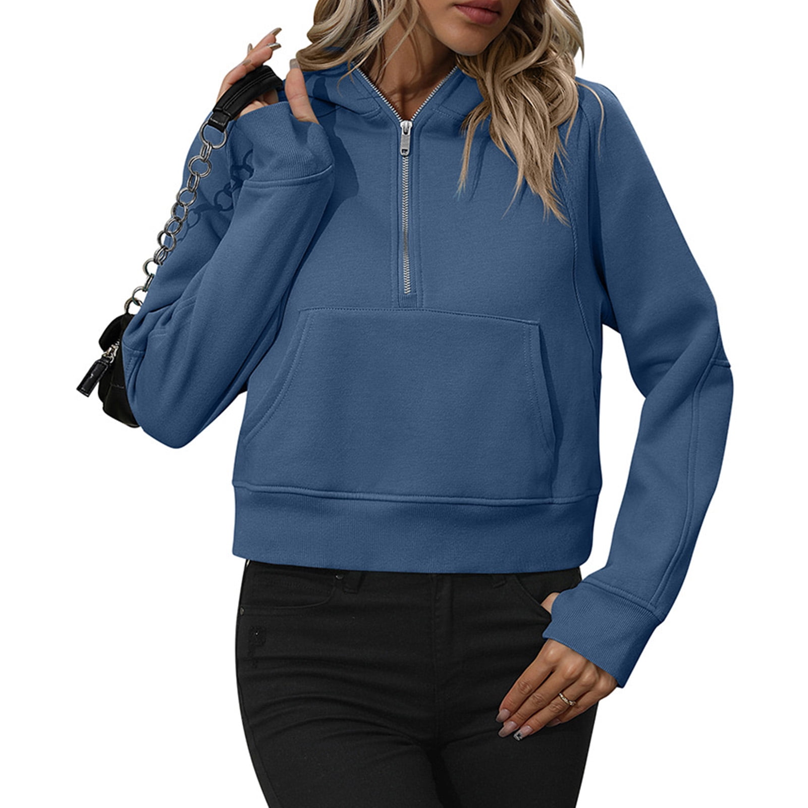 Half Zipper Drawstring Sweatshirt Long Sleeve Short Type Women Quarter