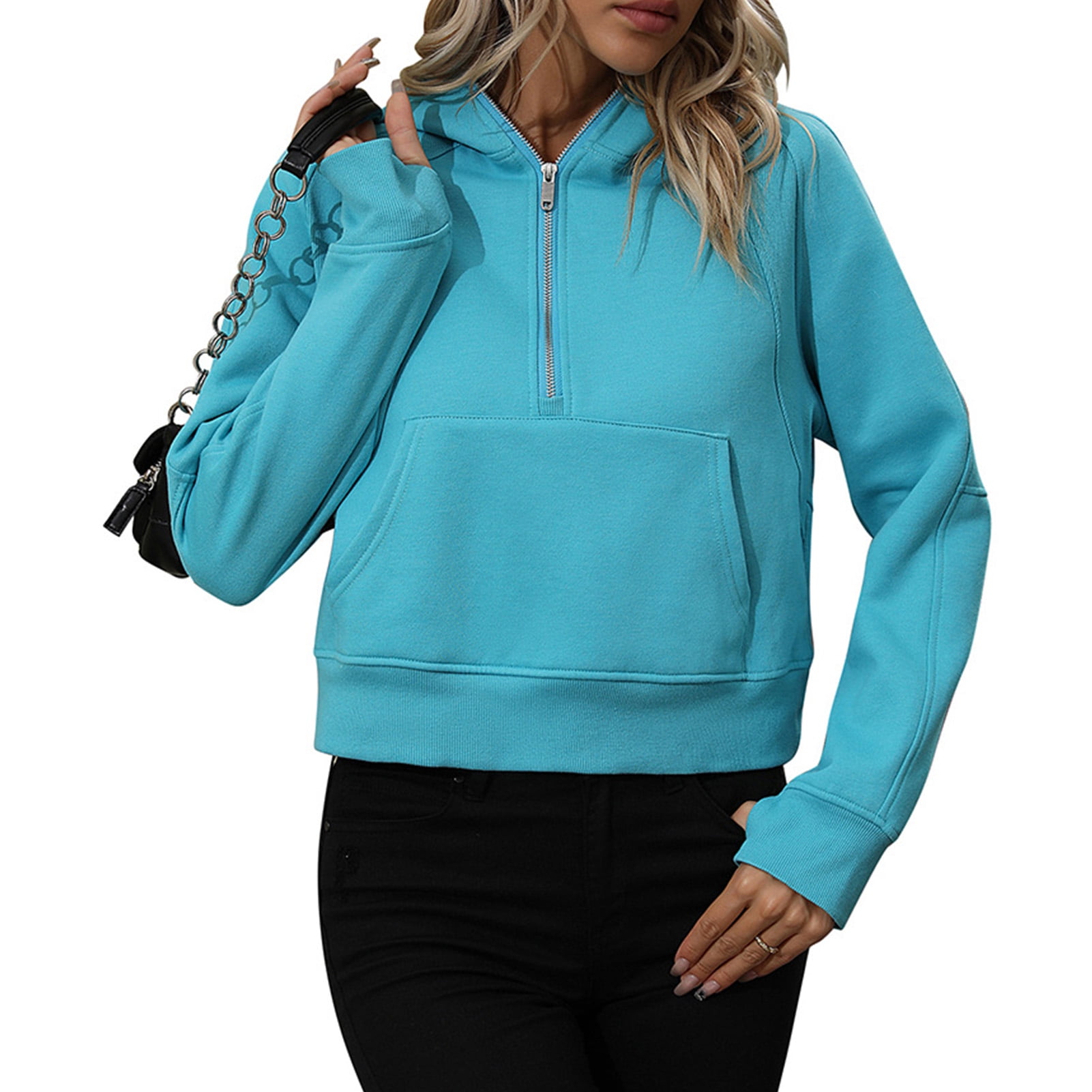 Half Zipper Drawstring Sweatshirt Long Sleeve Short Type Women Quarter