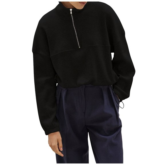 Half Zipper Waffle Sweatshirts for Women Chic Drawstring Hem Casual Solid Color 2024 Fall Long Sleeve Pullover Tops
