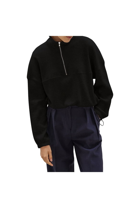 Half Zipper Waffle Sweatshirts for Women Chic Drawstring Hem Casual Solid Color 2024 Fall Long Sleeve Pullover Tops