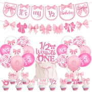 Half birthday decor, Half Way To One party supplies, pink bow 6 month milestone decorations, its my 1/2 birthday banner, pink confetti balloons, bow cake toppers, half birthday photo backdrop decor