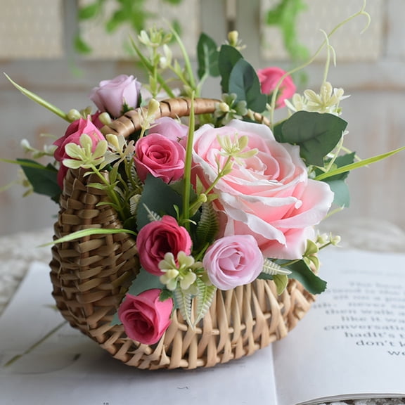 Half-moon Mini Straw Rattan Baskets, Hand-woven Flower Basket with Handle, Retro Storage Containers, Khaki