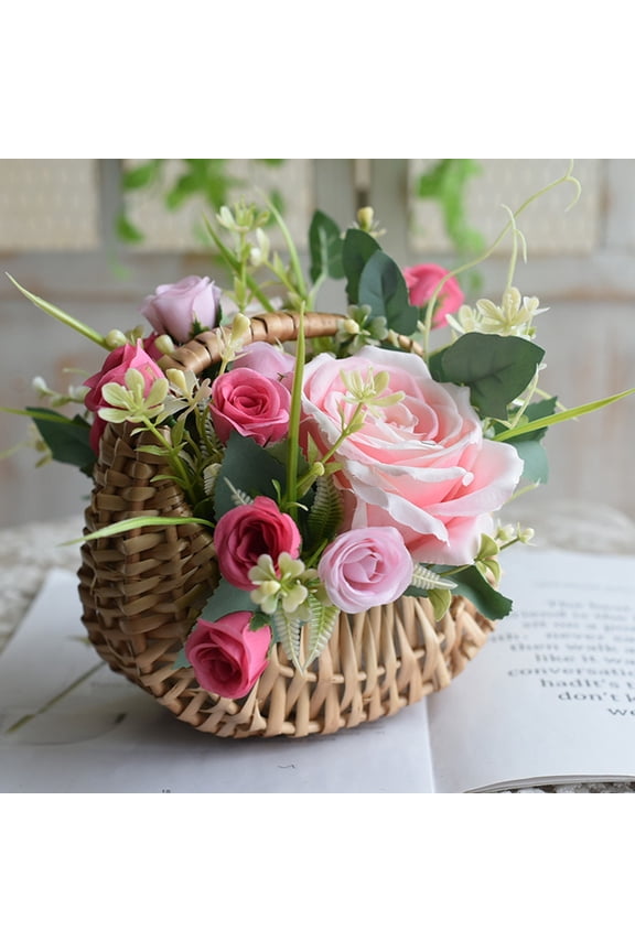 Half-moon Mini Straw Rattan Baskets, Hand-woven Flower Basket with Handle, Retro Storage Containers, Khaki