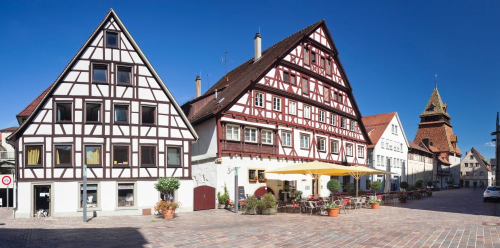 Half-timbered house and bell tower Schwabisch Gmund Baden-Wurttemberg Germany Canvas Art - Panoramic Images (36 x 12)