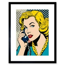 Halftone Hello Comic Book Style 1950s Woman Telephone Bright Polka Dot Pattern Artwork Framed Wall Art Print 9X7 Inch