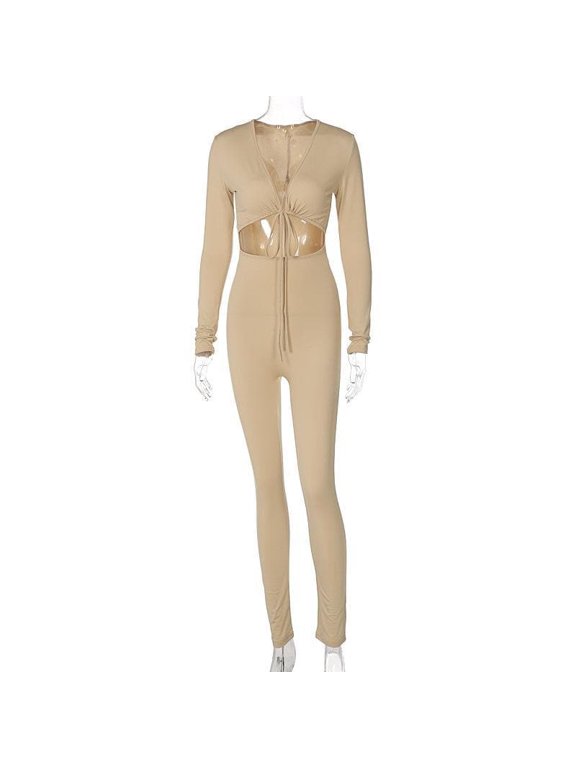 Cut out v neck tie front jumpsuit, Khaki, S