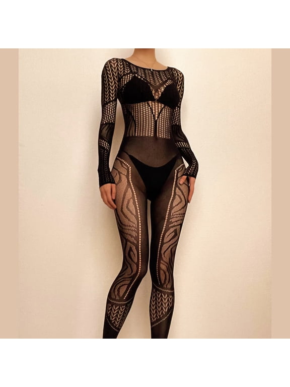 Fishnet long sleeve hollow out see through jumpsuit, Black, One Size