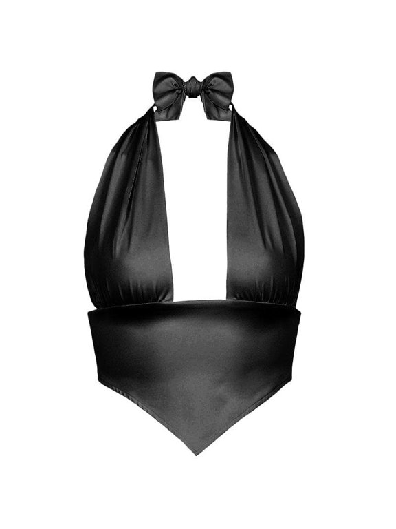Halter backless solid ruched self tie top, Black, One Size